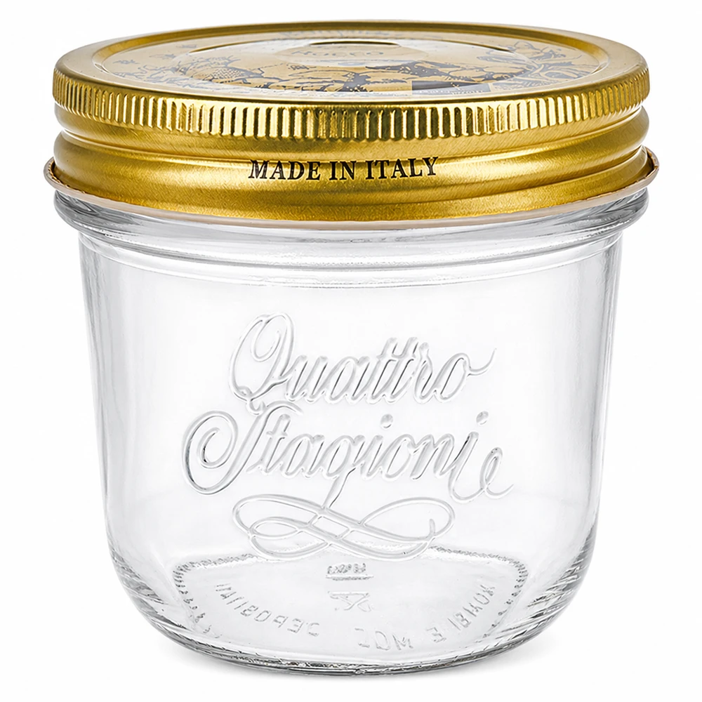 Słoik 200 ml „Quattro Stagioni” z pokrywką 200 ml słoik Quattro Stagioni ze złotą zakrętką Made in Italy Słoik do przetworów i dżemów