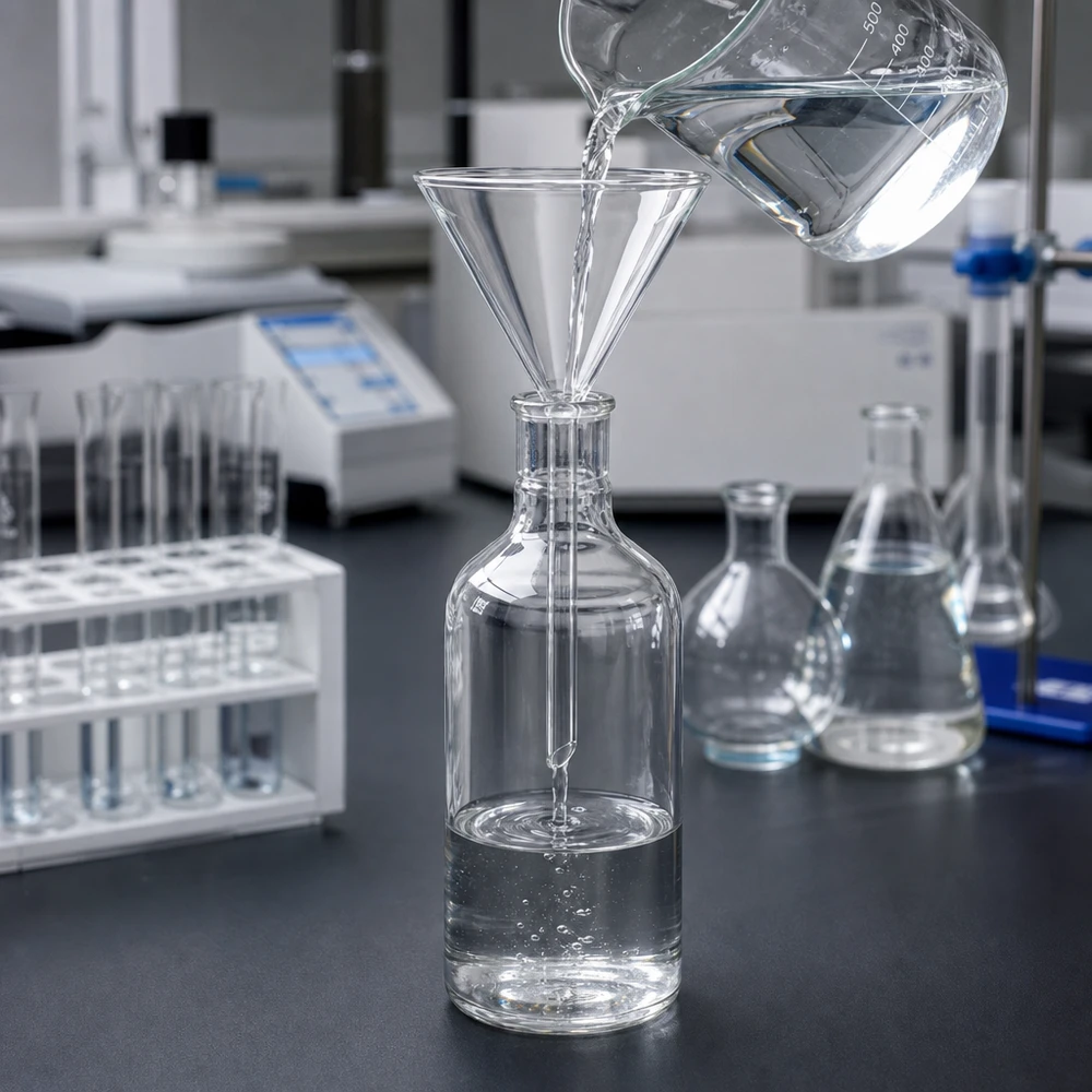 Lejek Ø 85 mm borokrzemianowy kątowy 60 krótki Profesjonalny lejek laboratoryjny 85 mm wykonany z wysokiej jakości szkła borokrzemowego do bezpiecznej filtracji