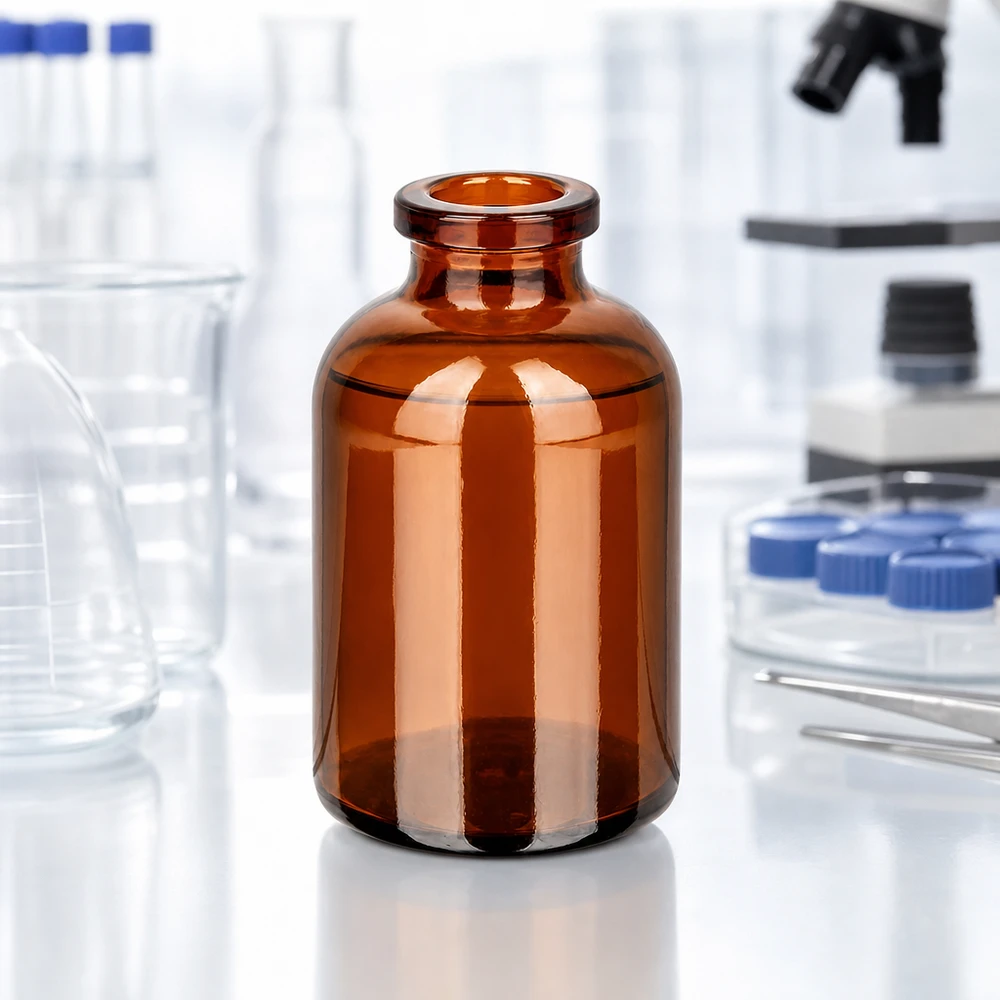 Butelka iniekcyjna z bursztynowego szkła 30 ml Hochwertige Injektionsflasche 30ml aus braunem Glas mit glattem Zylinderkörper und Rollrand