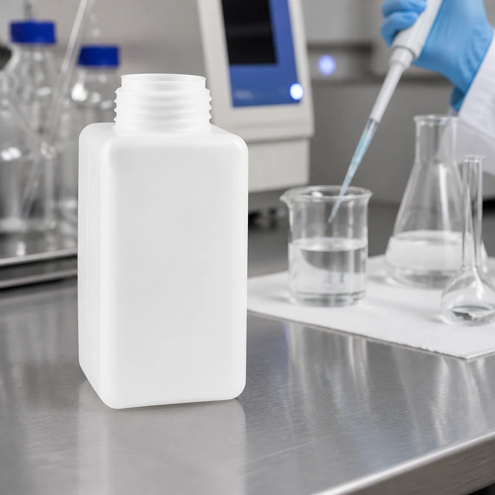 Butelka na chemikalia 1500ml, szeroka szyjka wykonana z PE-HD, kolor naturalny, GL 65 Kwadratowa butelka na chemikalia z PE-HD o pojemności 1500 ml, w kolorze naturalnym, z gwintem śrubowym, na blacie ze stali nierdzewnej