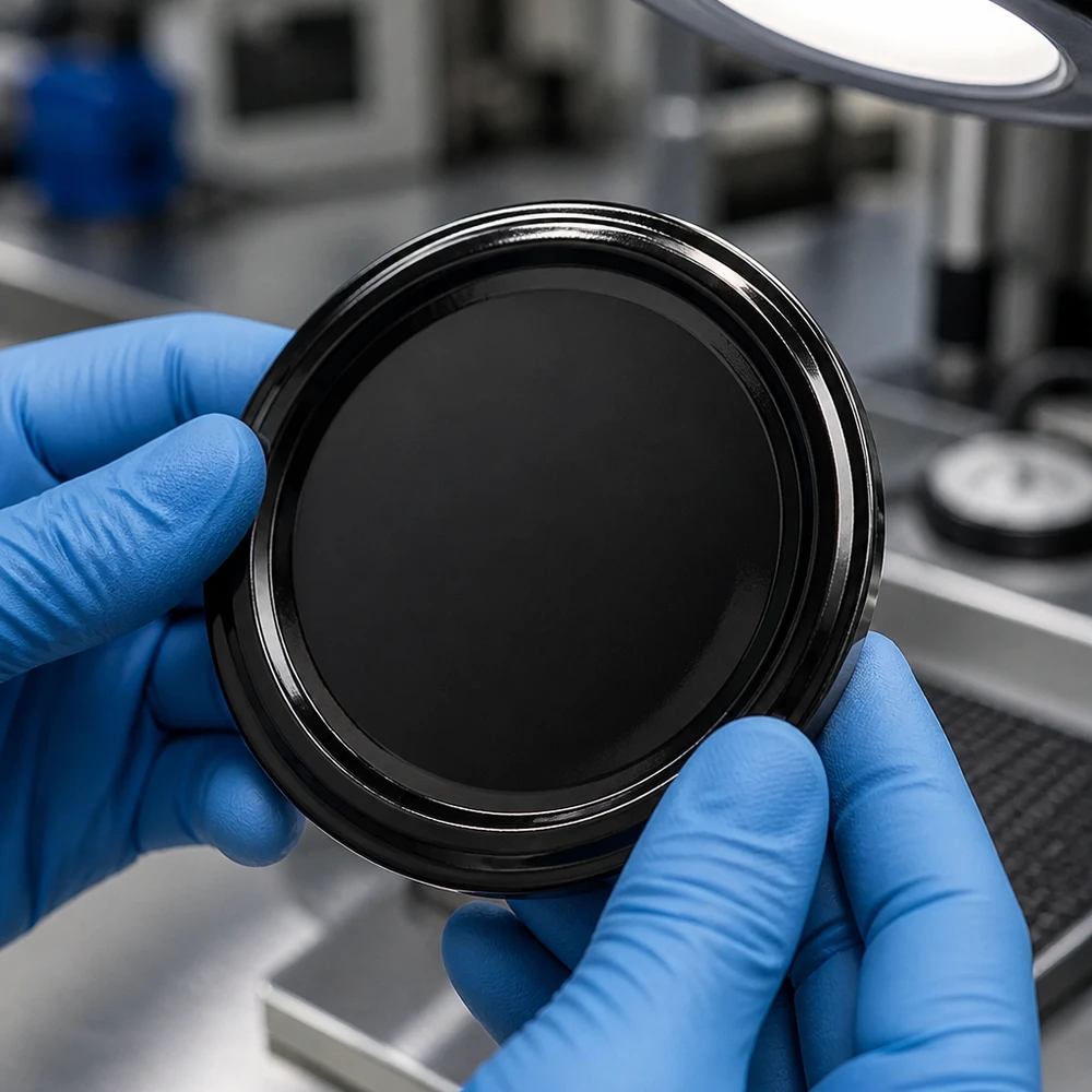 UNiTWIST TO48 czarny BioSeal BPA-NI zakrętka – zbliżenie z kontroli jakości w laboratorium, niebieska rękawiczka
