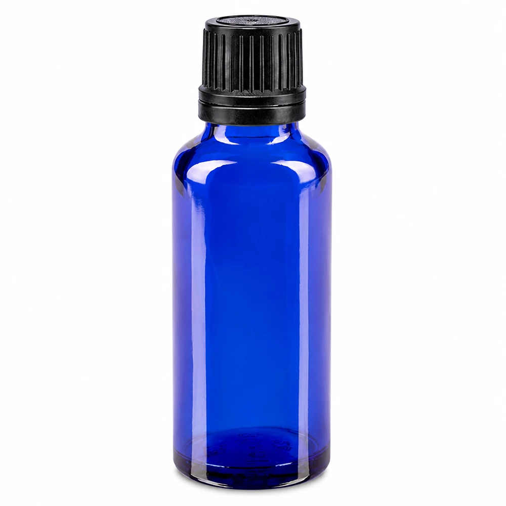 Butelka apteczna niebieska 30ml zakrętka czarny nalewak r. OV Niebieska szklana buteleczka o pojemności 30 ml z czarnym zamknięciem OV 8 mm, przeznaczona dla aptek i laboratoriów