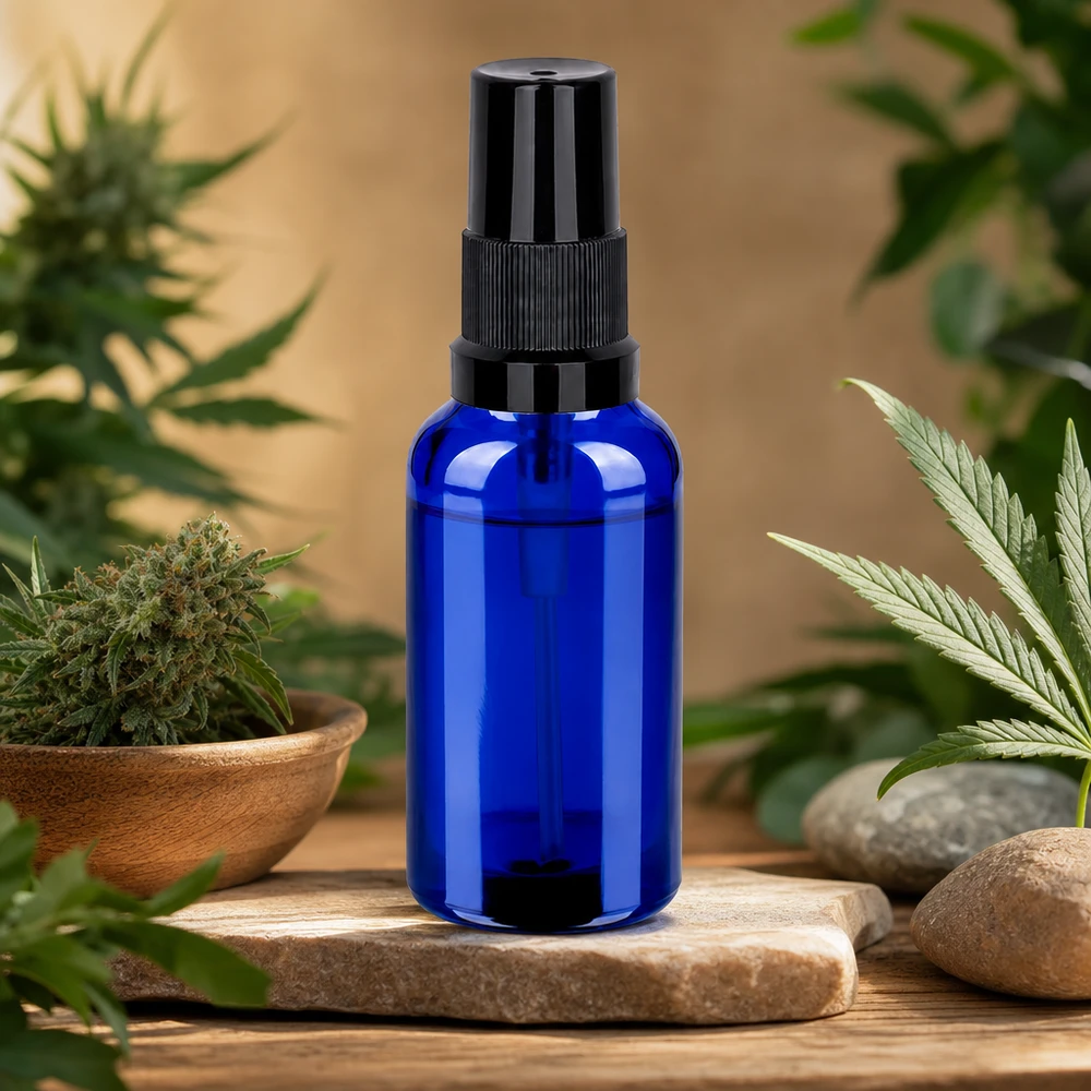 Kompaktowa butelka z rozpylaczem o pojemności 30 ml wykonana z niebieskiego szkła z ergonomiczną czarną głowicą rozpylającą
