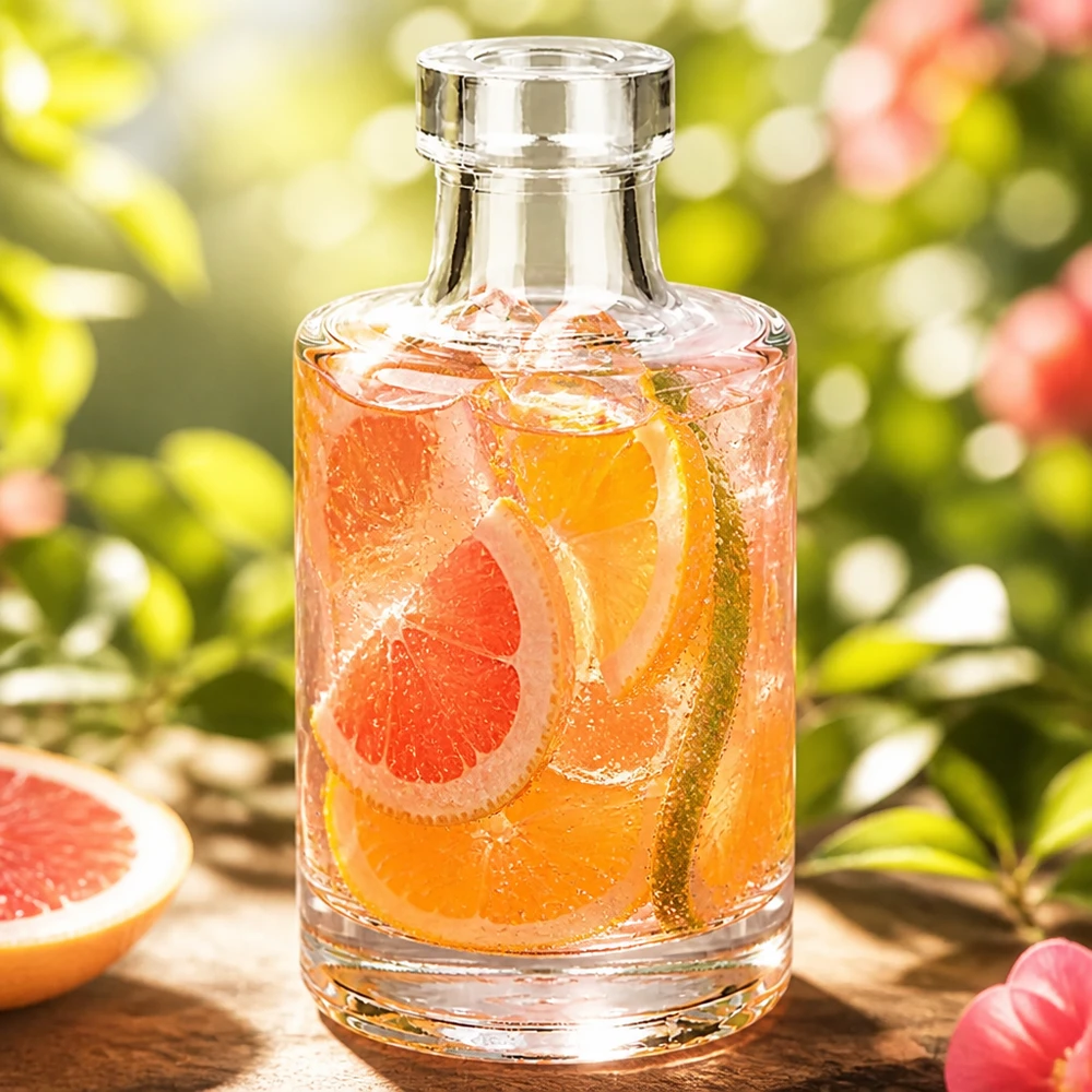 100 ml szklana butelka Marie z napojem grejpfrutowym i kostkami lodu w naturalnym ogrodzie z owocami