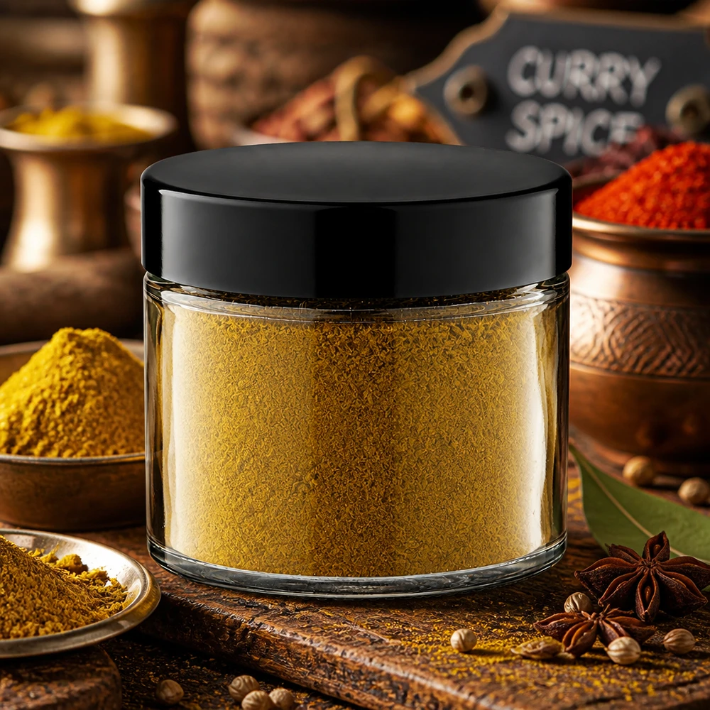 Pomysł na przyprawy: szklany słoik 30 ml przezroczysty z zakrętką Szklany słoiczek o pojemności 30 ml z żółtą przyprawą curry w proszku i czarną pokrywką, otoczony orientalnymi przyprawami