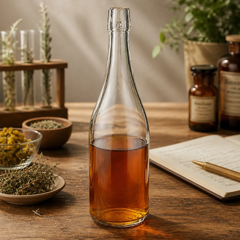 Butelka szklana 750 ml bez zamknięcia typu UNiTWIST 750ml szklana butelka UNiTWIST wypełniona herbatą ziołową apothecary ambience suszone zioła lecznicze zeszyt z przepisami