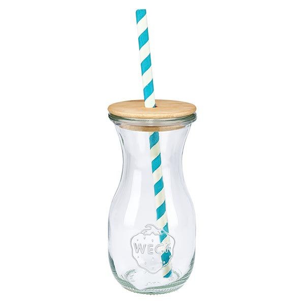 6 x butelka na sok WECK 290 ml RR60 z drewnianą pokrywką i 100 ekologicznymi Szklana butelka WECK 290 ml z bambusową pokrywką i turkusowo-białą papierową słomką Pojedynczy widok Butelka do picia