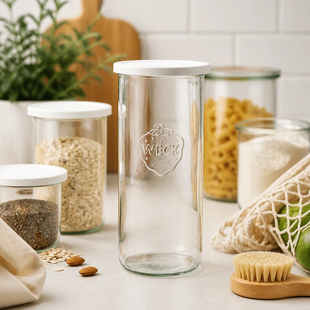 Kubki o pojemności 1500 ml z pokrywką WECK RR100 Kubki WECK 1500ml RR100 w nowoczesnej kuchni ze słoikami do przechowywania makaronu i zrównoważonymi produktami ekologicznymi
