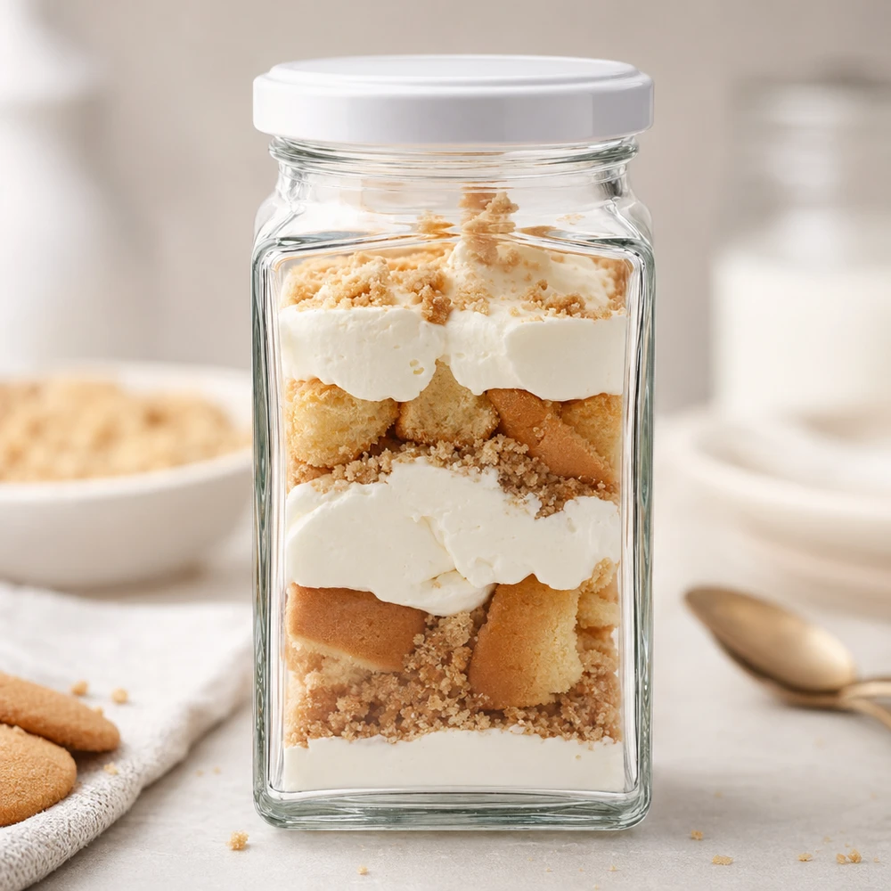 260 ml szklane opakowanie czworokątne z pokrywką BasicSeal w kolorze białym UN.. 260 ml szklanka Tetra BasicSeal biała jako szklanka deserowa wypełniona warstwowym deserem tiramisu obok biszkoptów Stół kuchenny