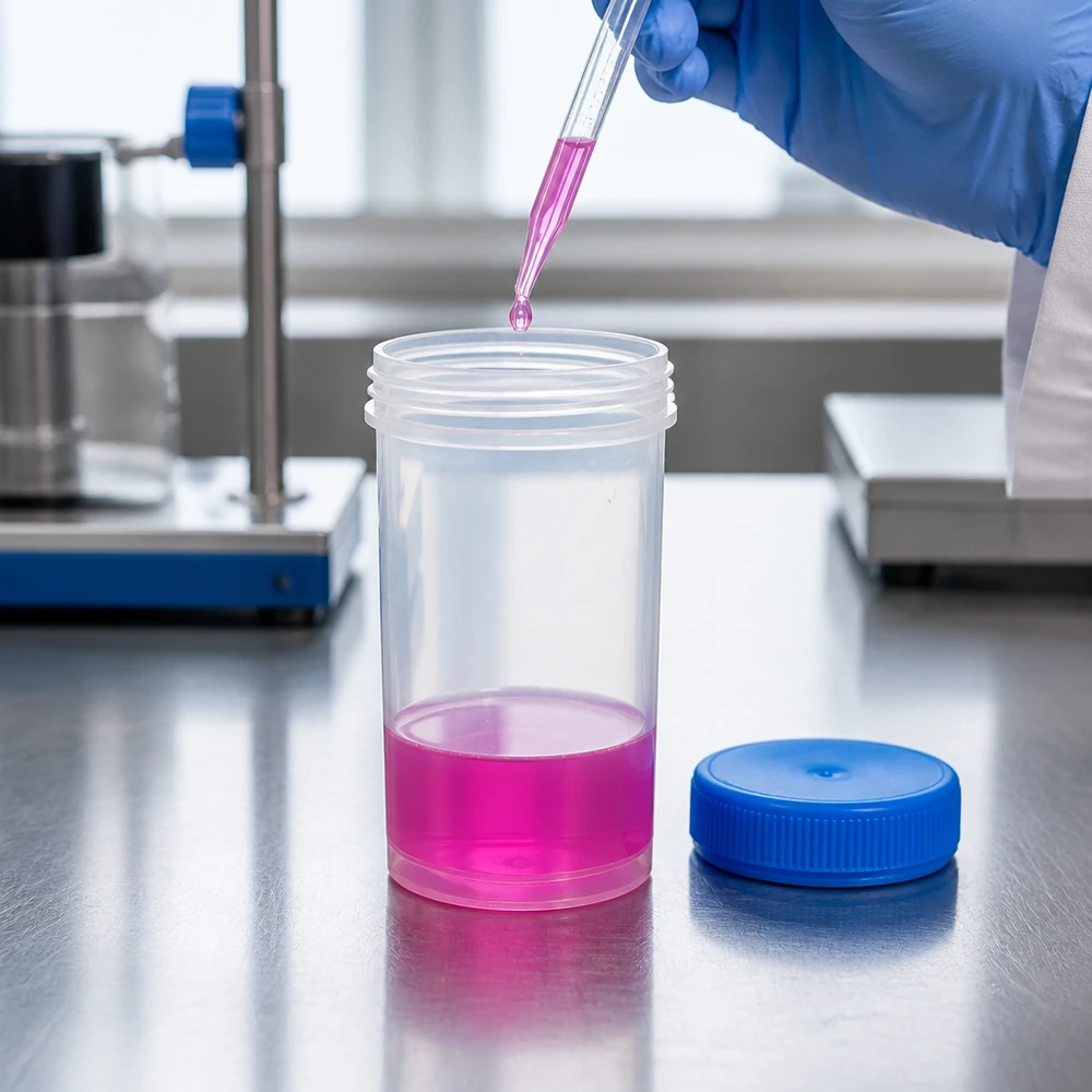 Uniwersalny plastikowy pojemnik (naczynie patologiczne) 100 ml Naczynie Pathoge o pojemności 100 ml z różowym płynem i niebieską zakrętką na powierzchni ze stali nierdzewnej