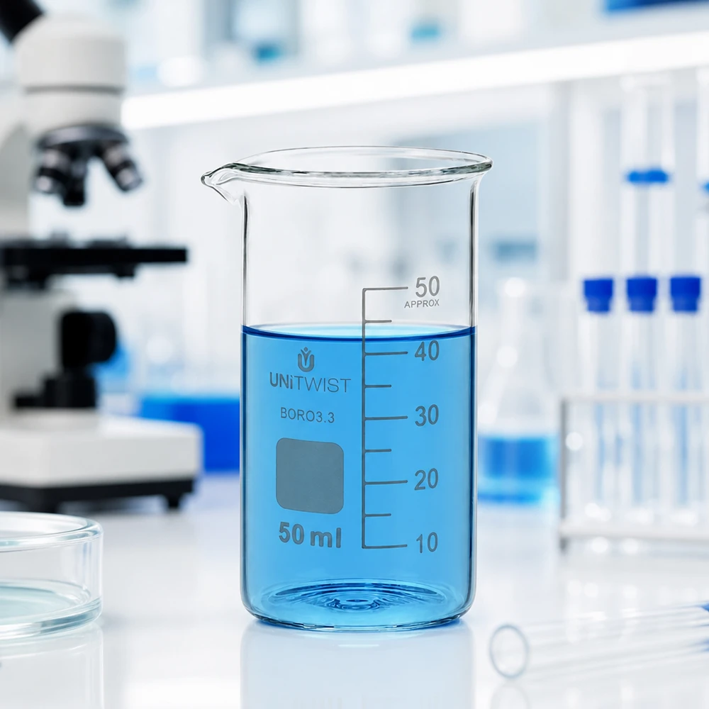 Zlewka 50ml borokrzemianowa, wysoka UNITWIST Szklanka UNITWIST o pojemności 50 ml, wykonana ze szkła borokrzemowego, o wysokim kształcie, z niebieskim płynem w laboratorium