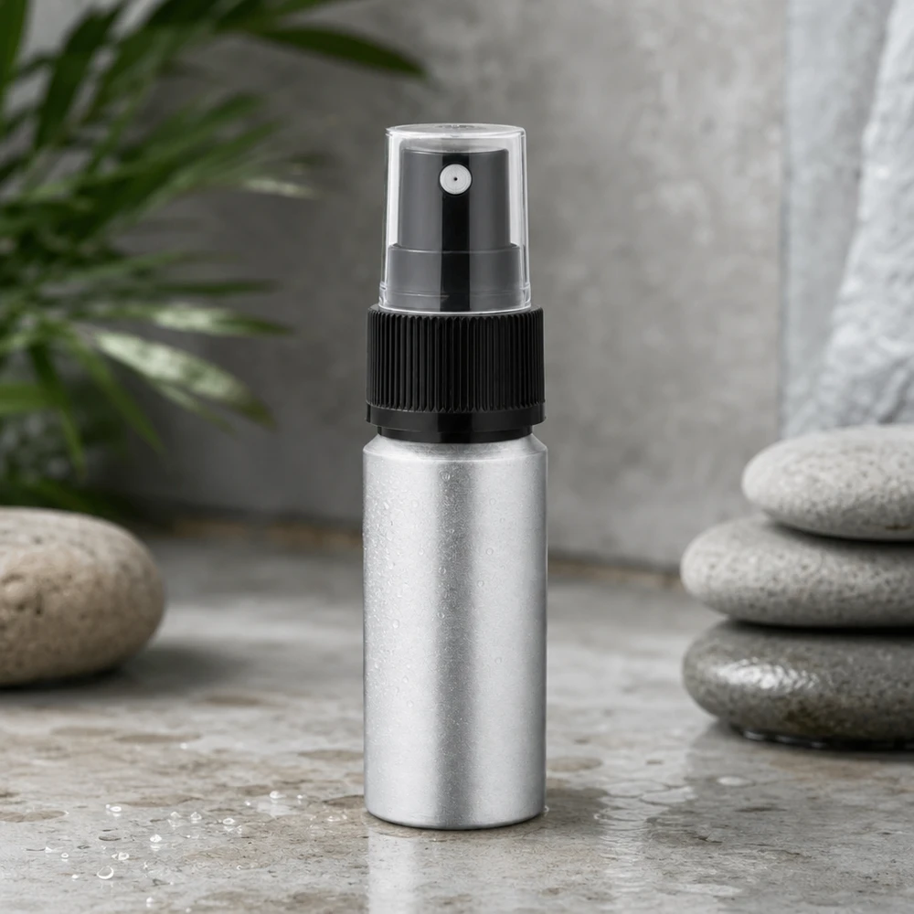 Elegancka aluminiowa butelka o pojemności 20 ml z przezroczystą głowicą rozpylającą do precyzyjnego dozowania produktów kosmetycznych