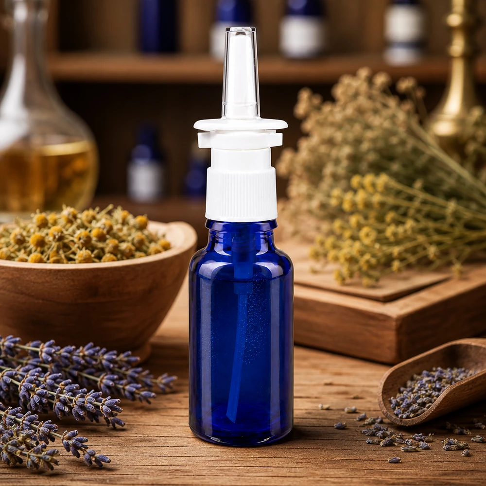 Mała buteleczka na spray do nosa o pojemności 20 ml, wykonana z niebieskiego szkła aptecznego, z białą głowicą pompującą na drewnianej podstawie