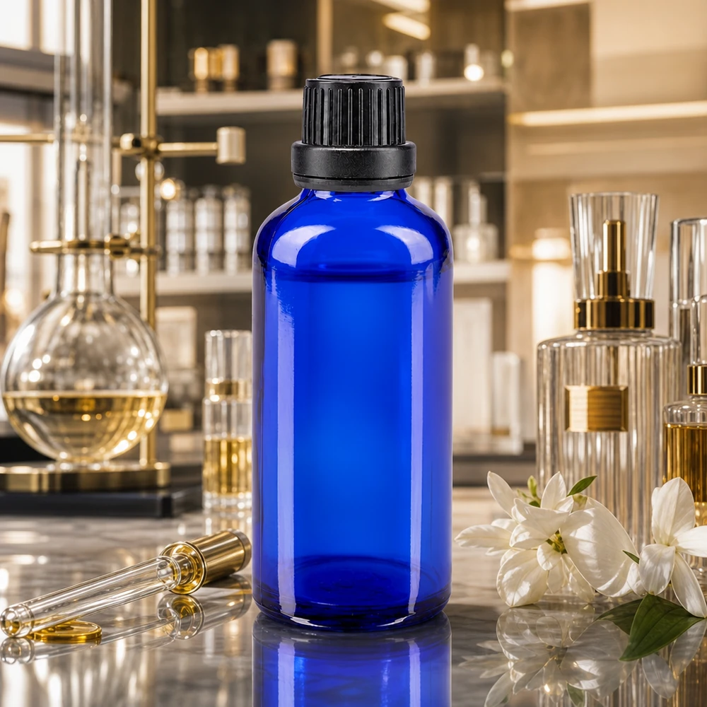 Niebieska szklana buteleczka o pojemności 50 ml z czarnym zamknięciem zabezpieczającym przed dziećmi w laboratorium perfumeryjnym