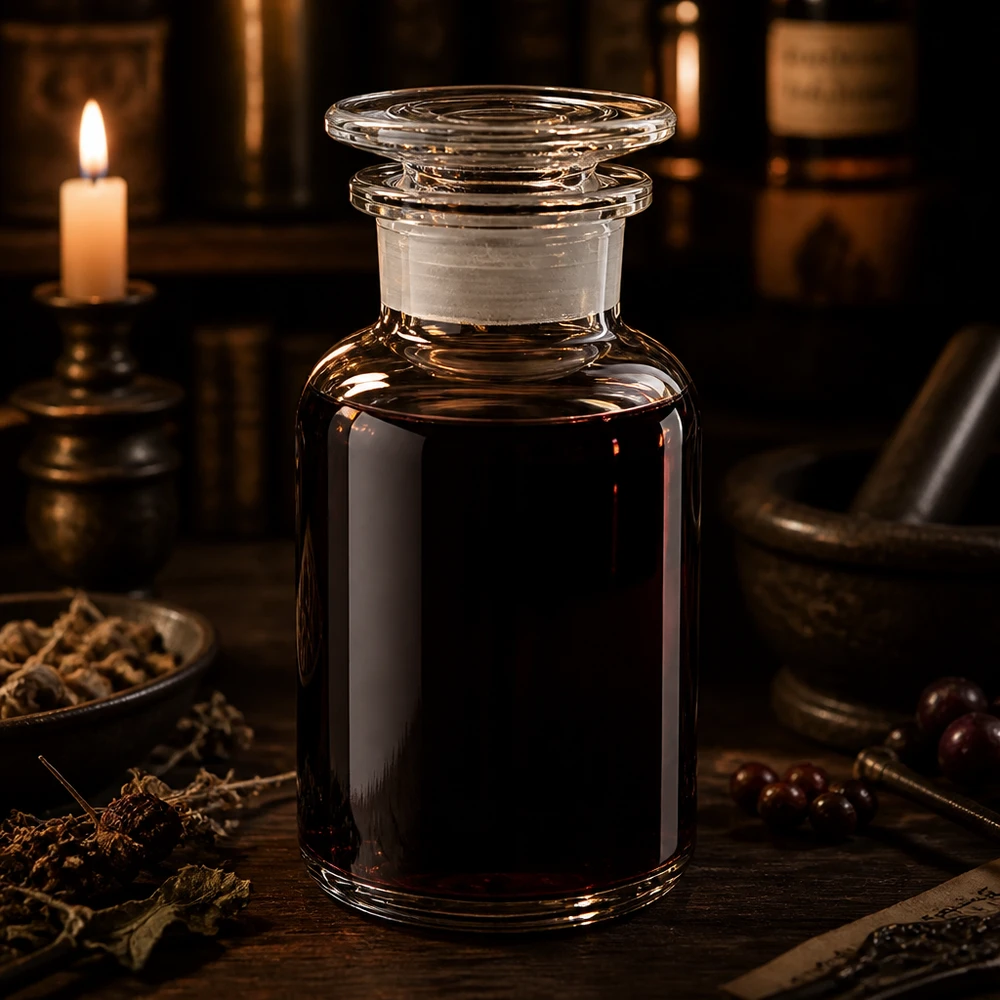 Butelka o zaokrąglonych ramionach, 250 ml, z przezroczystego szkła, z szeroką szyjką, wypełniona ciemnoczerwonym ekstraktem w blasku świec