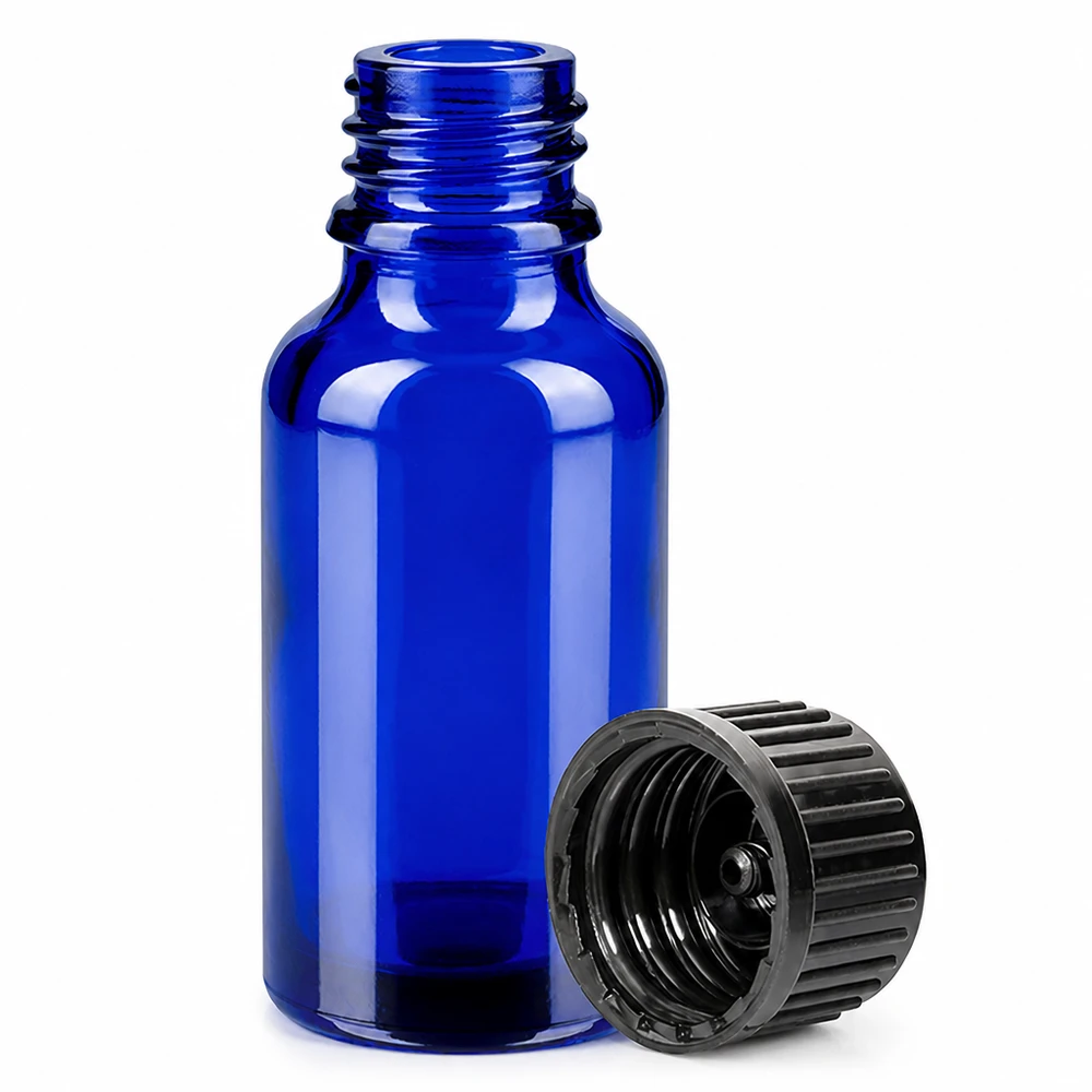 Mała butelka 20 ml z gwintem 11 mm w kolorze kobaltowo-niebieskim do precyzyjnego dozowania płynów