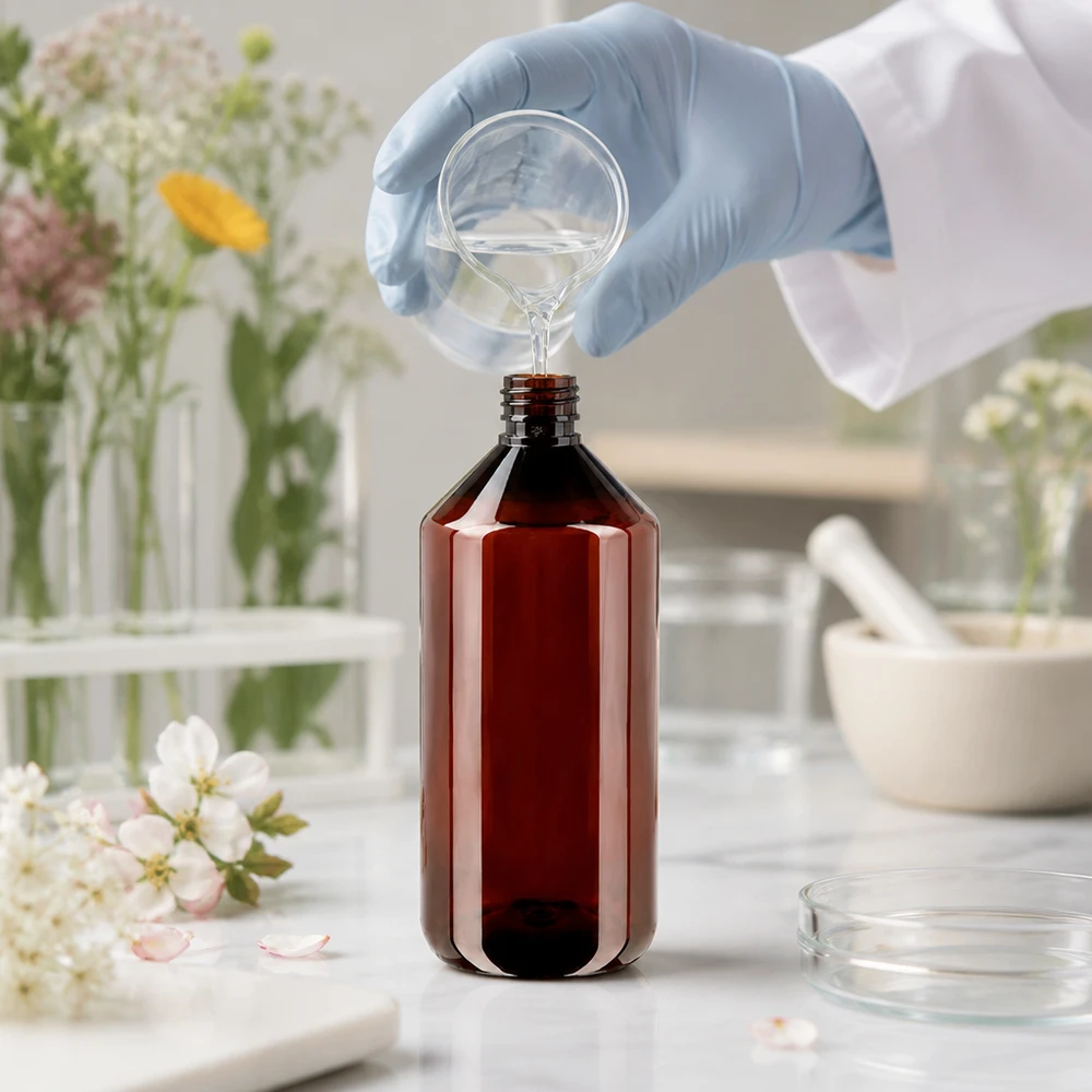 Plastikowa butelka w kolorze bursztynowym o pojemności 750 ml z brązową nakrętką, przeznaczona do substancji wrażliwych na światło