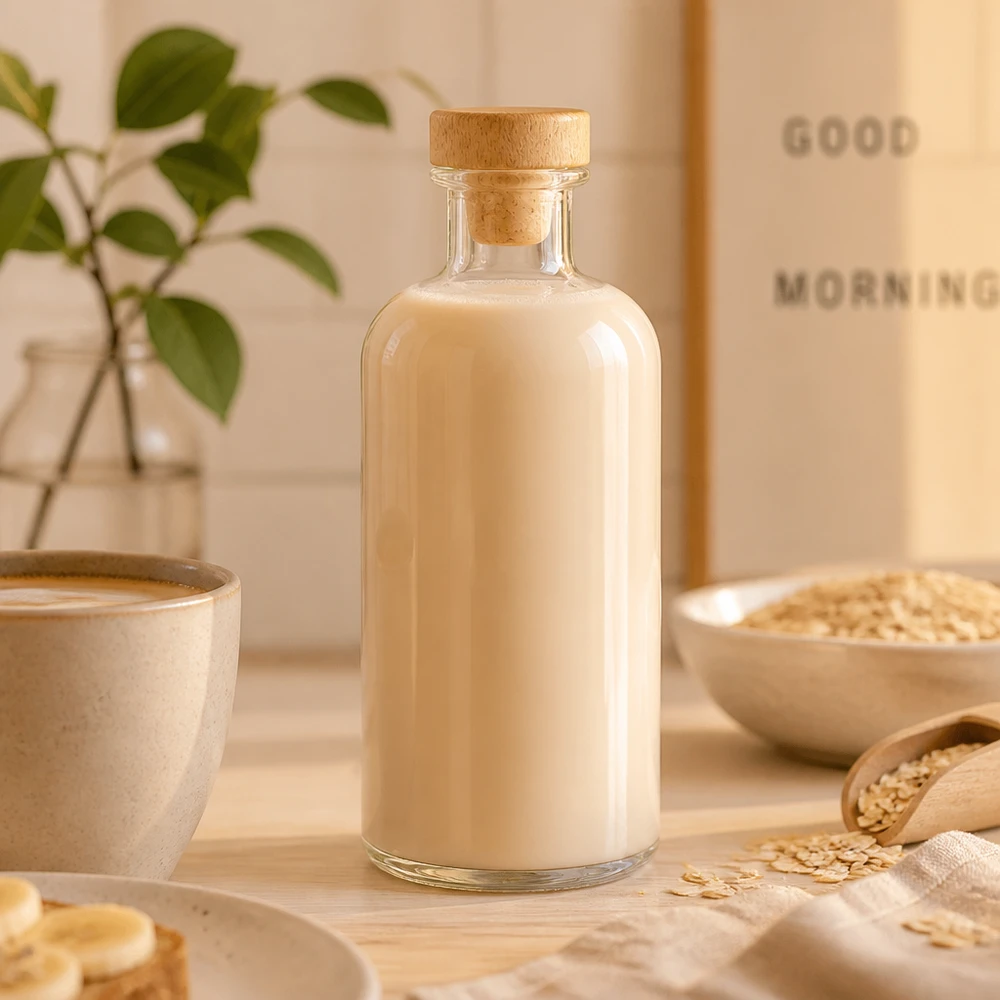 Butelka apteczna Flora 500 ml z drewnianym korkiem UNiTWIST® Szklana butelka Flora 500ml wypełniona mlekiem owsianym między płatkami owsianymi a miską w naturalnej kuchni