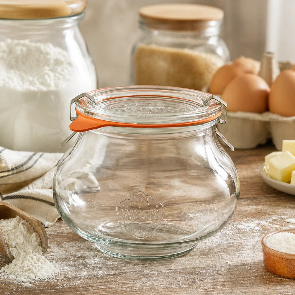 Słoik dekoracyjny WECK 560ml RR80 w rustykalnej kuchni ze składnikami do pieczenia, mąką i jajkami, idealny do organizacji kuchni
