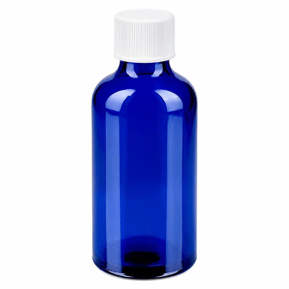 Butelka 50 ml 11 mm SV biała STD BlueLine UT18/50 Butelka z niebieskiego szkła o pojemności 50 ml z białą zakrętką 11 mm SV STD BlueLine UT18