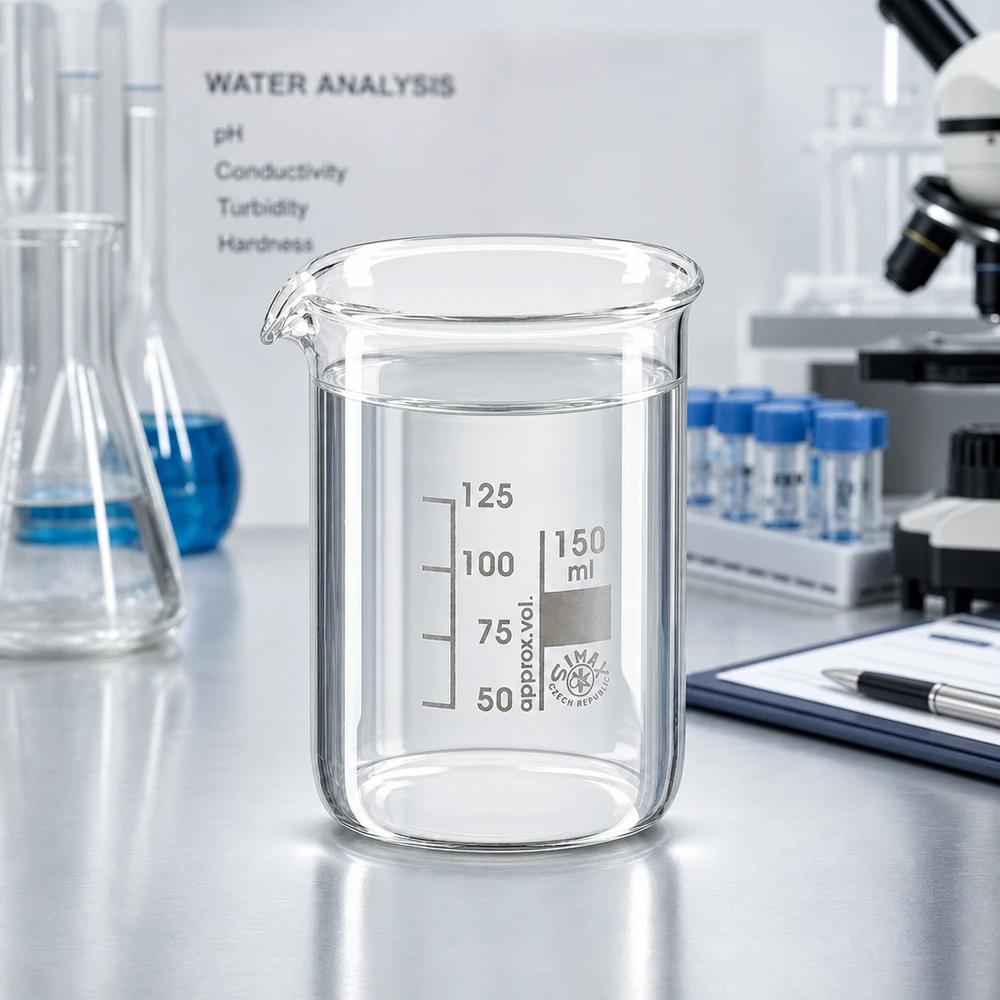 Zlewka 150 ml ze szkła borokrzemowego, niski kształt Przezroczysta zlewka laboratoryjna 150 ml wykonana z wytrzymałego szkła borokrzemowego z wyraźnym wskaźnikiem objętości