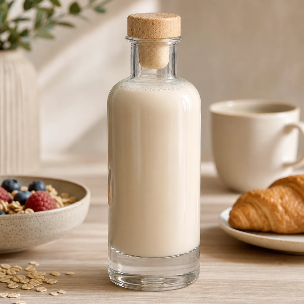 200 ml szklana butelka Ella z drewnianym korkiem wypełniona mlekiem owsianym na stole śniadaniowym z musli i rogalikiem