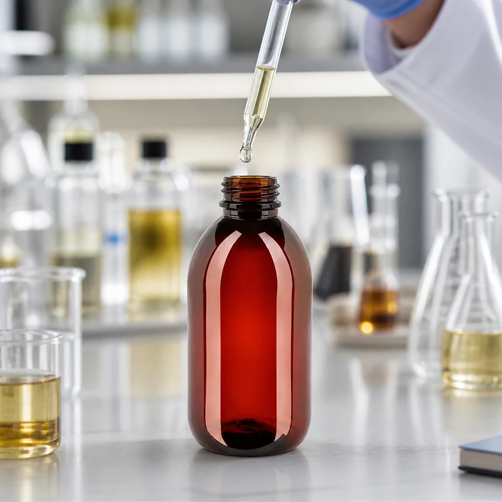 Butelka PET 250 ml z białym standardem OV Butelka z okrągłym dnem o pojemności 250 ml, wykonana z PET, o wyglądzie przypominającym brązowe szkło, z standardowym zamknięciem zabezpieczającym