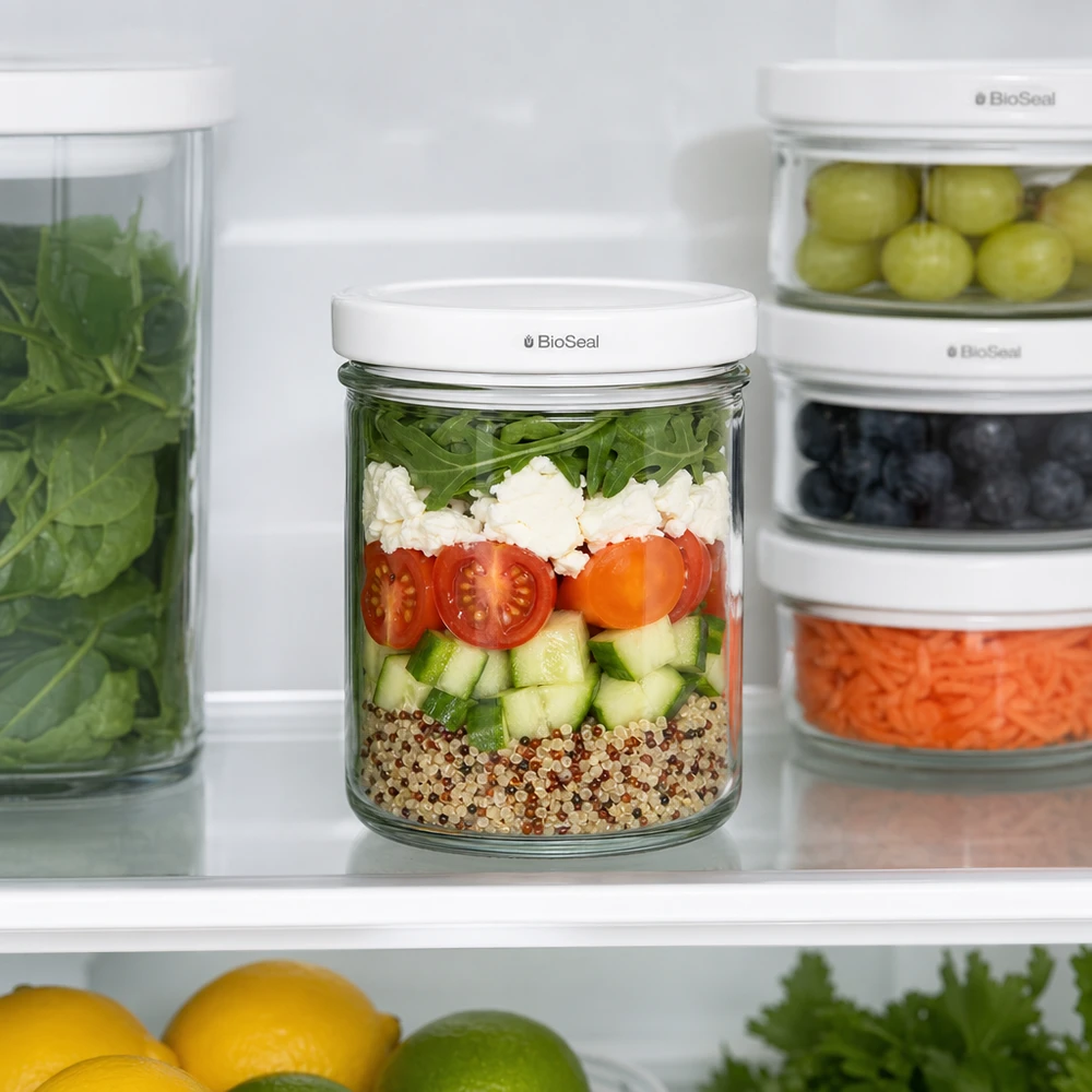 UNiTWIST lintel167 z białą pokrywą TO66 BioSeal UNiTWIST Słoik do lodówki o pojemności 167 ml Meal Prep do sałatek z warstwową pokrywką BioSeal zachowującą świeżość
