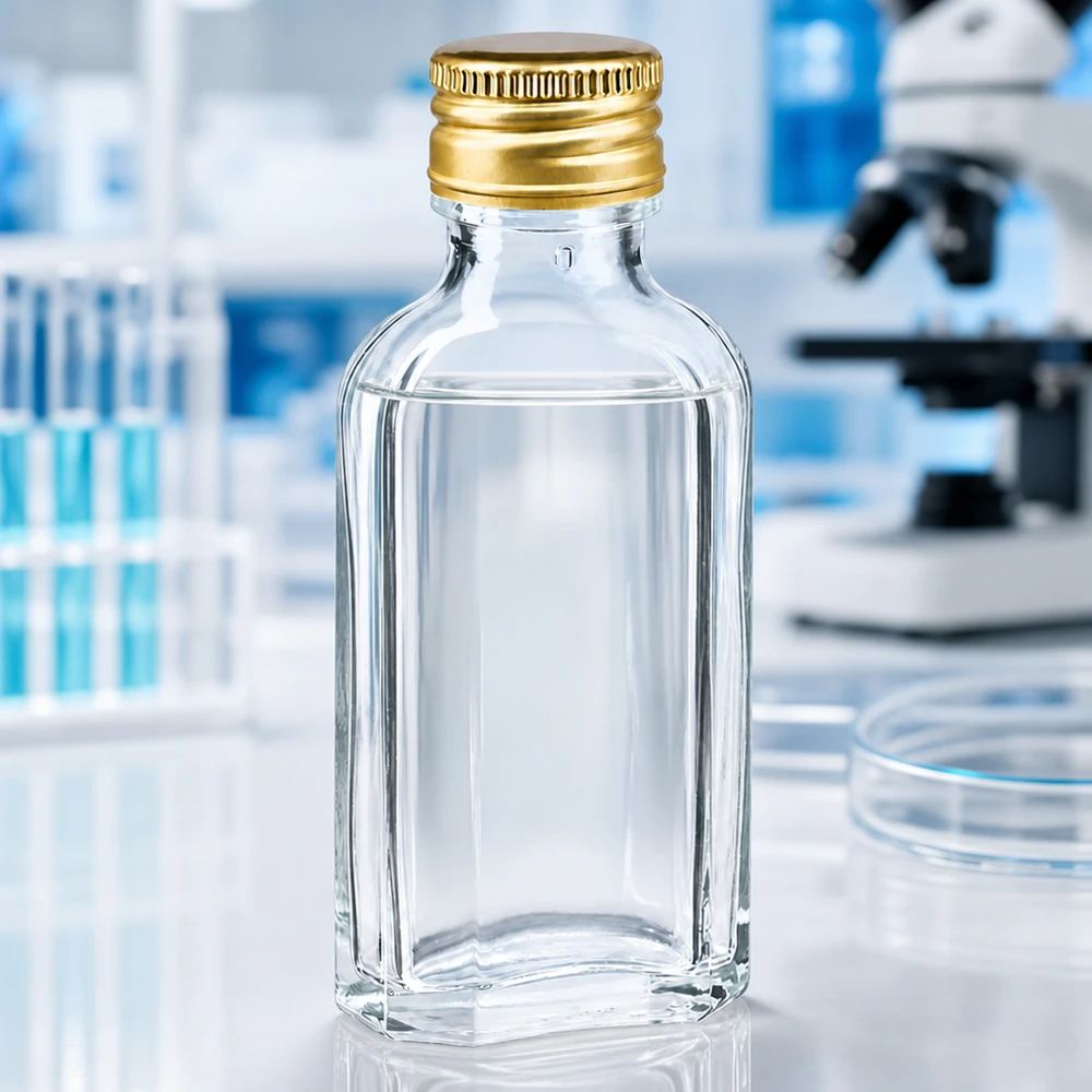 Przezroczysta butelka Meplat o pojemności 50 ml ze złocistożółtą aluminiową zakrętką PP22 w laboratorium naukowym