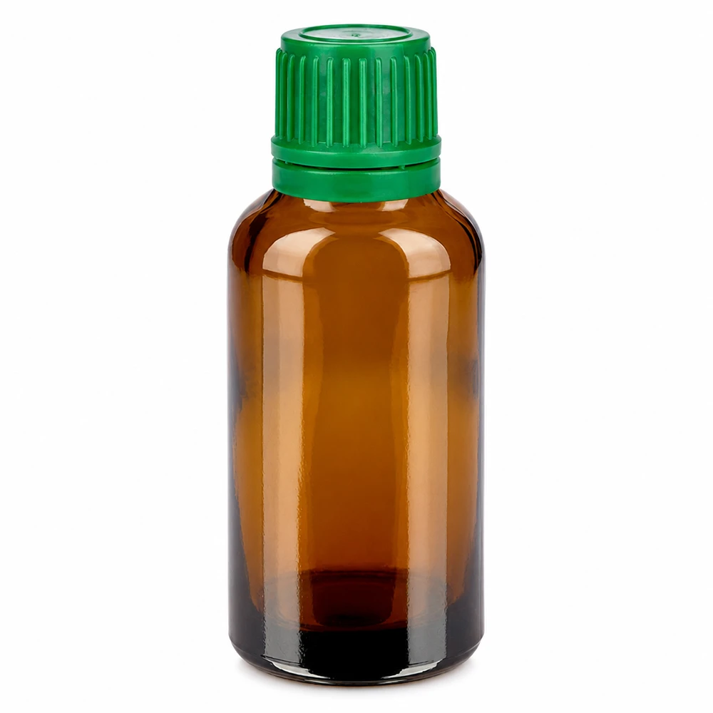 Butelka 30 ml 11 mm SV zielona OV BrownLine UT18/30 Butelka z brązowego szkła o pojemności 30 ml z zieloną zakrętką na olejki eteryczne i leki