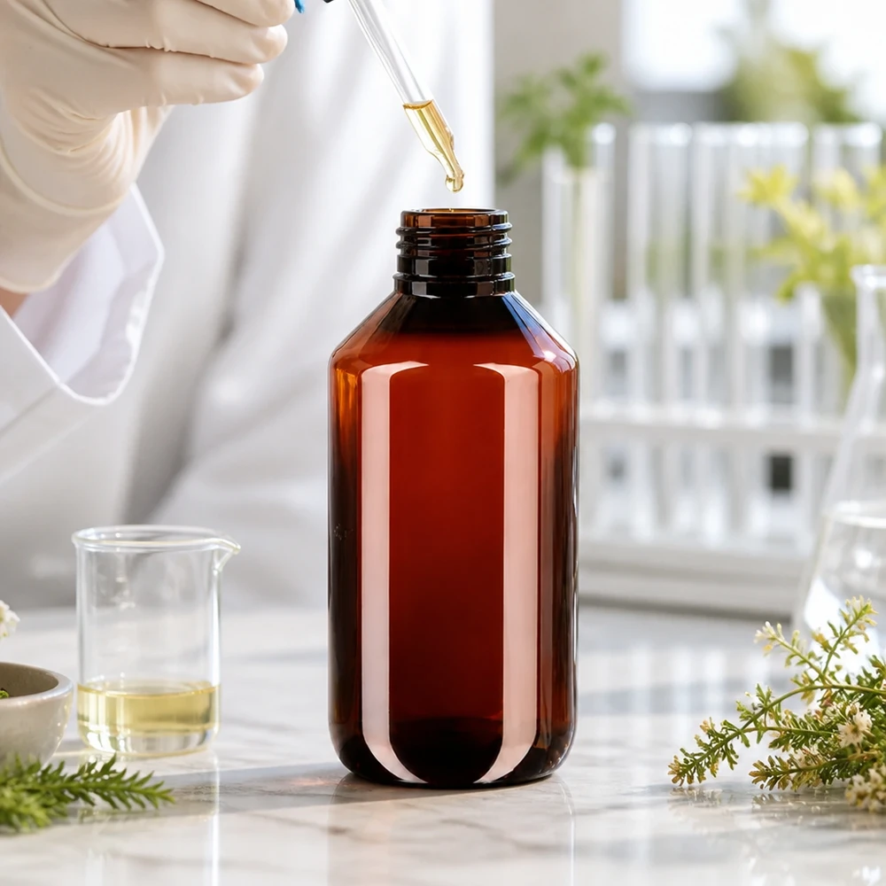 Brązowa butelka PET o pojemności 200 ml z czerwonym zamknięciem odgazowującym, przeznaczona do płynów chemicznych