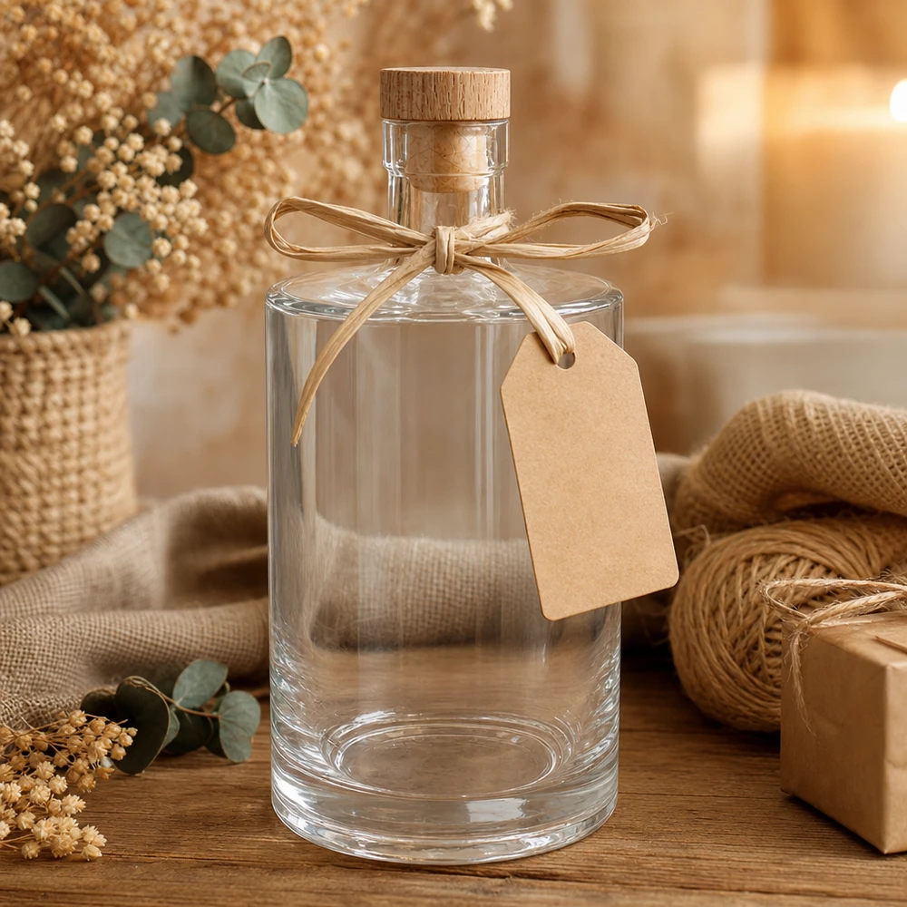 700ml Glasflasche Marie leer mit Holzkorken und Geschenkanhänger in gemütlicher Deko-Szene mit Jute und Blumen