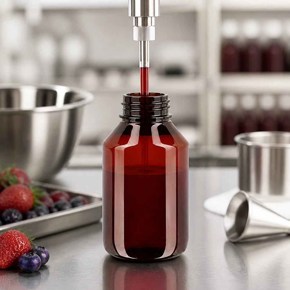 Butelka PET 50 ml z białą nakrętką typu flip-top. Napełnianie bursztynowej butelki PET o pojemności 50 ml czerwonym sokiem owocowym w ramach produkcji spożywczej