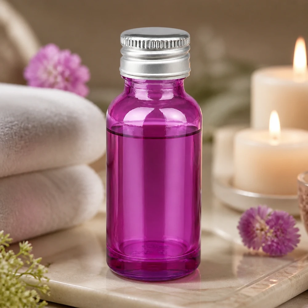 Butelka 20ml 11mm zakrętka aluminiowo-srebrna standard PurpleLine.UT18/20 Kompaktowa fioletowa butelka o pojemności 20 ml z aluminiową pokrywką z rowkami do precyzyjnego dozowania esencji