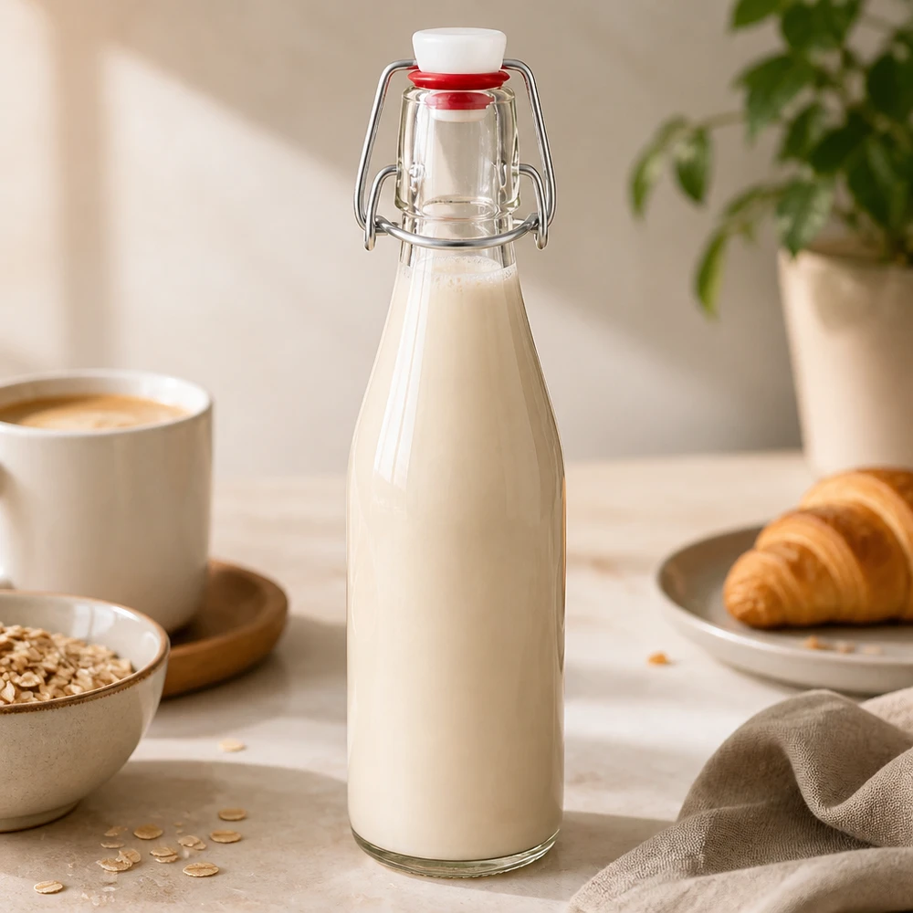 Szklana butelka 250 ml i zamknięcie z uchwytem porcelanowym UNiTWIST Szklana butelka 250 ml z uchylną pokrywką wypełniona mlekiem obok płatków owsianych, filiżanki kawy i rogalika