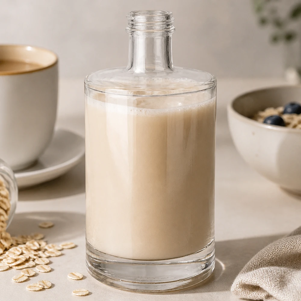 500ml Glasflasche Sam mit Hafermilch befüllt neben Kaffeetasse und Haferflocken stylische Küchenszene morgendlicher Life