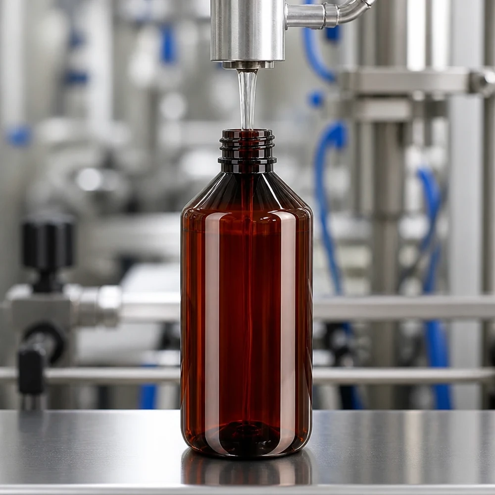 Duża brązowa butelka PET o pojemności 1000 ml z przemysłową linią rozlewniczą ze stali nierdzewnej