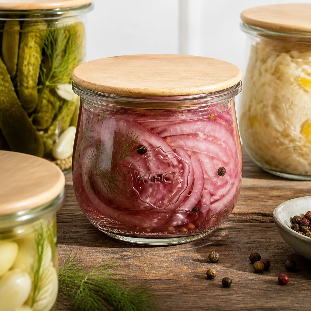 WECK słoik tulipan 370ml RR80 z drewnianą pokrywką na marynowaną czerwoną cebulę między słoikami z przyprawami na drewnianym stole