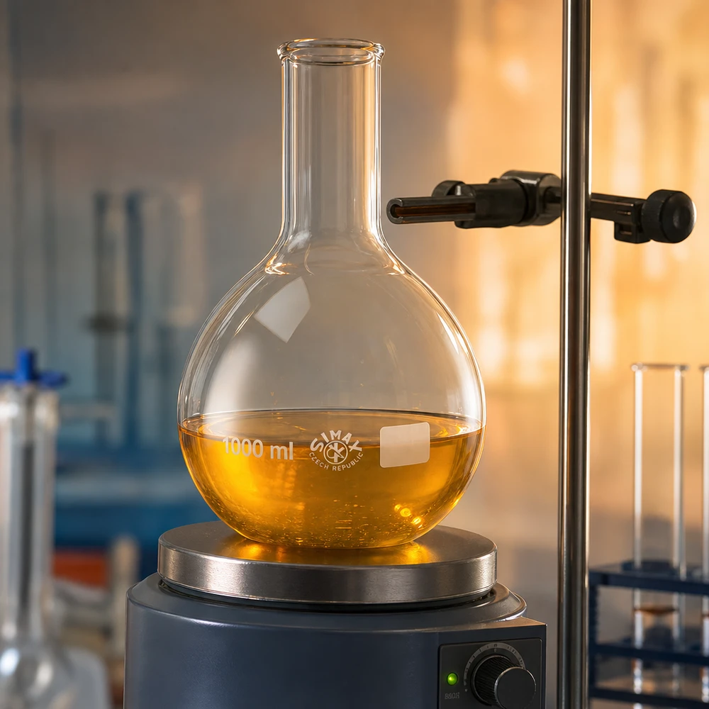 Kolba stojąca 1000 ml z wąską szyjką na płycie grzewczej z żółtawym roztworem do termicznych procesów laboratoryjnych