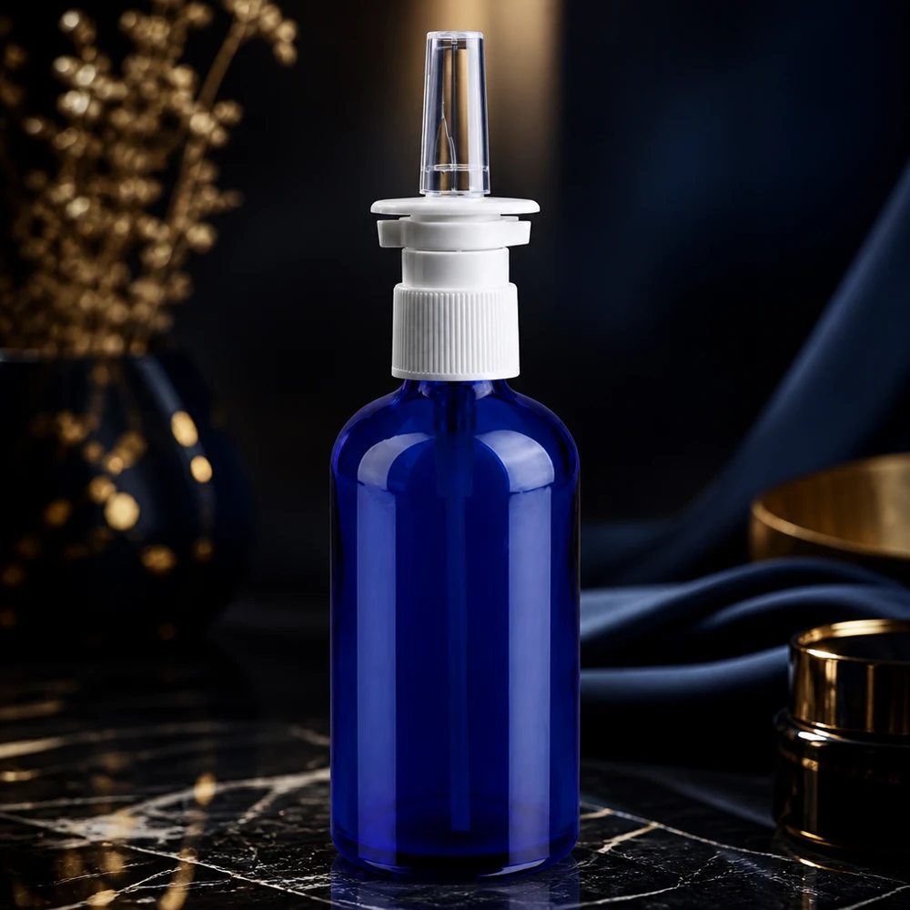 100 ml butelka z atomizerem do nosa w/tr. STD BlueLine UT18/100 Butelka ze szkła medycznego 100 ml z precyzyjnym systemem rozpylania do nosa i higieniczną nasadką