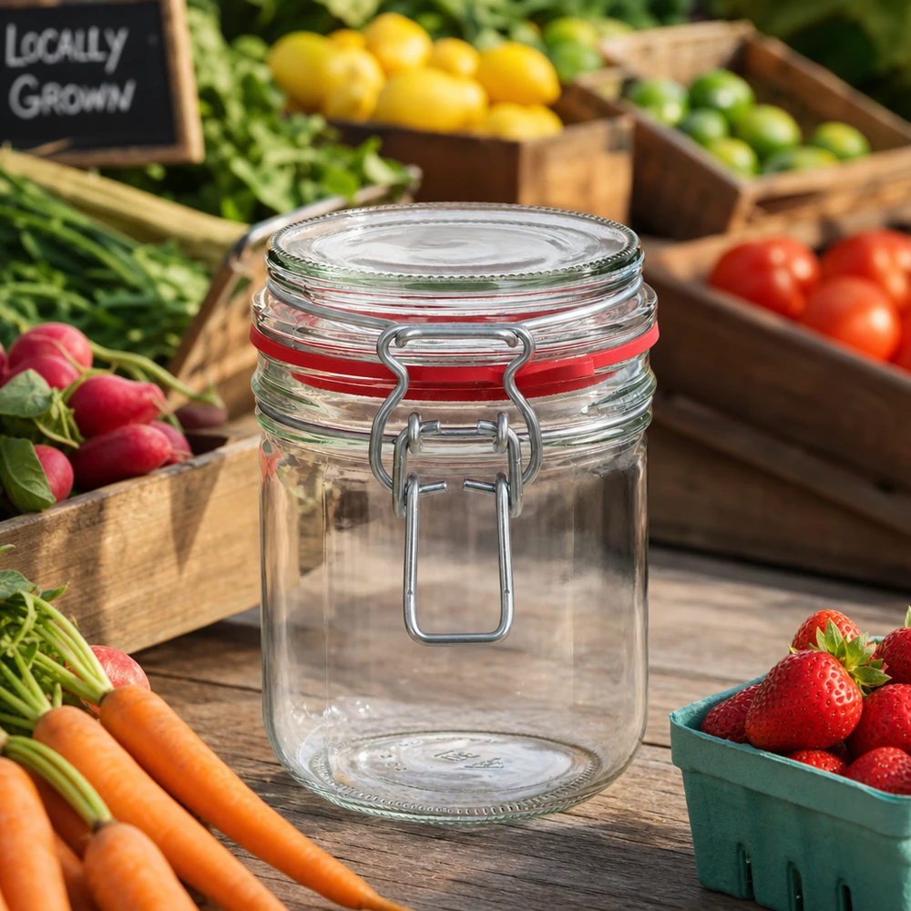 Słoik do przechowywania o pojemności 400 ml, typ G, z zamknięciem na zatrzask UN.. Okrągły słoik o pojemności 400 ml z korkiem wahadłowym wykonany z wytrzymałego, przezroczystego szkła zapewnia długotrwałą organizację w kuchni.