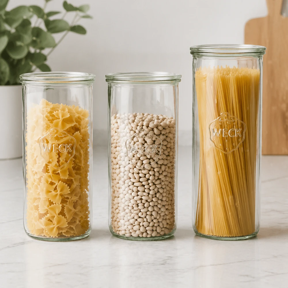 Kubki o pojemności 1500 ml ze szklaną pokrywką WECK RR100 WECK RR100 Zestaw wypełniony makaronem i fasolą słoik do przechowywania 1500ml kuchnia nowoczesna