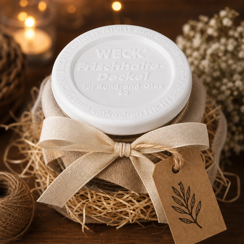 WECK keep-fresh lid RR60 opakowanie na prezent rustykalna dekoracja lniana kokarda papier kraft przywieszka Boże Narodzenie