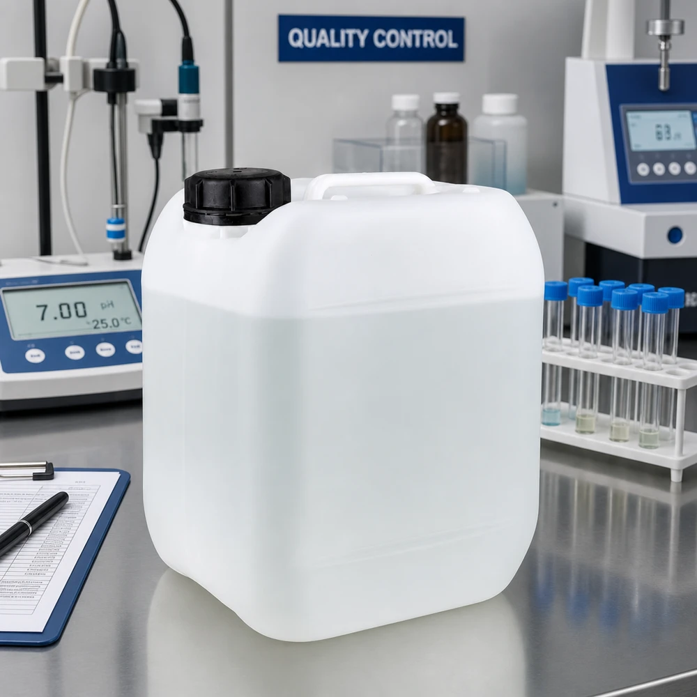 Kanister 5 litrów z zakrętką OV Wytrzymały kanister na chemikalia o pojemności 5 l, wykonany z HDPE, z szczelnym zamknięciem śrubowym, w laboratorium kontroli jakości