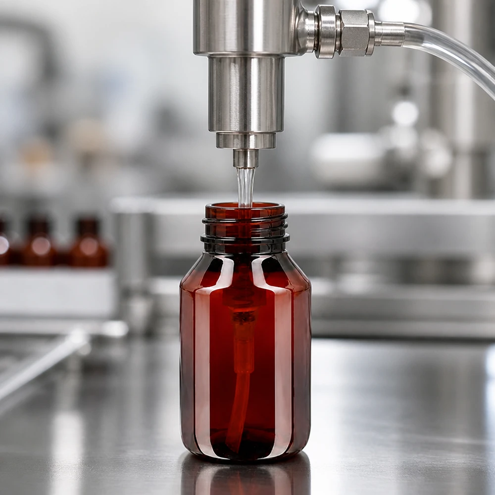 Butelka PET 50ml z pompką dozującą biała Hygienische Serienproduktion bernsteinfarbener 50ml PET Flaschen mit weisser Pumpe