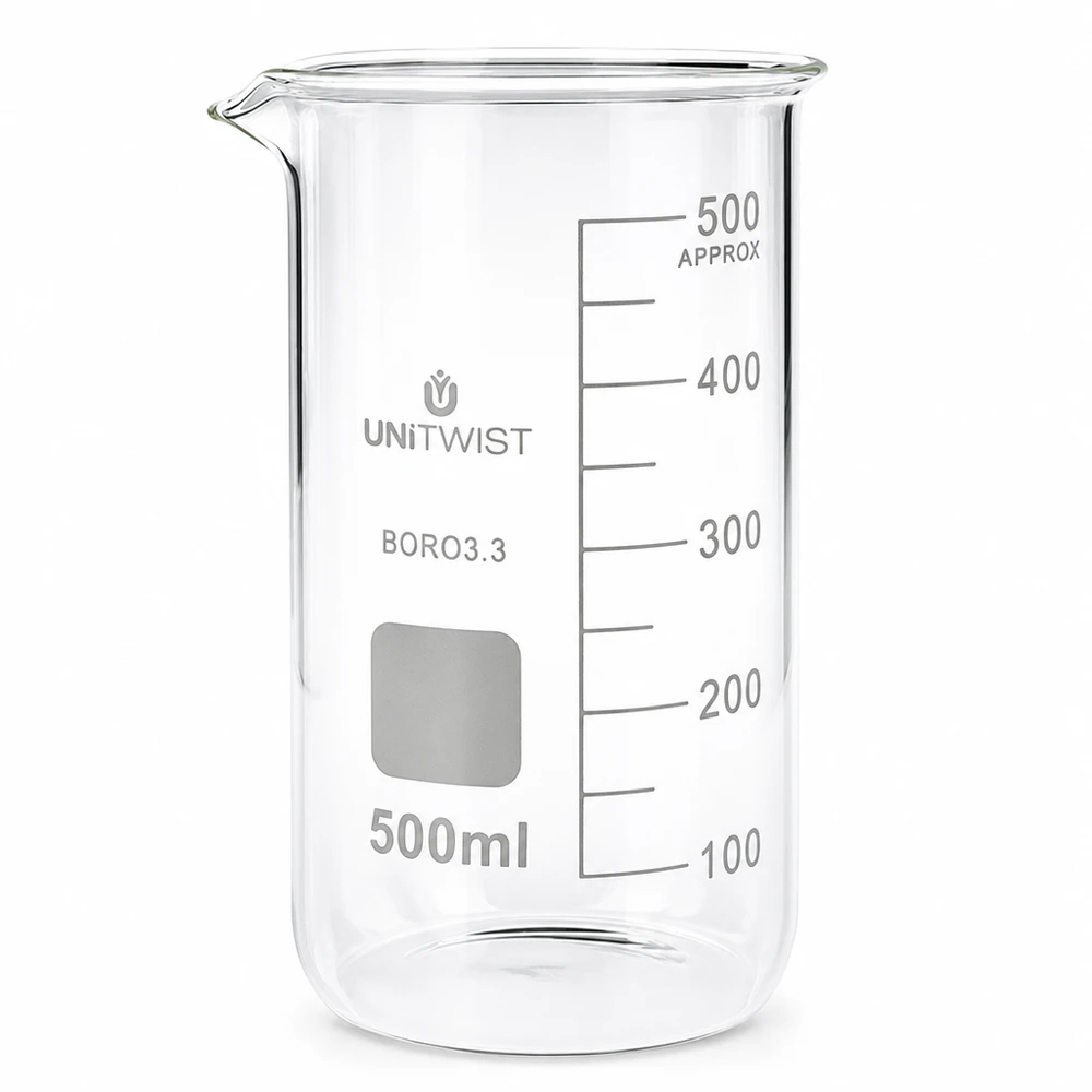 Szklanka o pojemności 500 ml, wysoka, wykonana ze szkła borokrzemowego 3.3, z podziałką mililitrową, marki UNITWIST