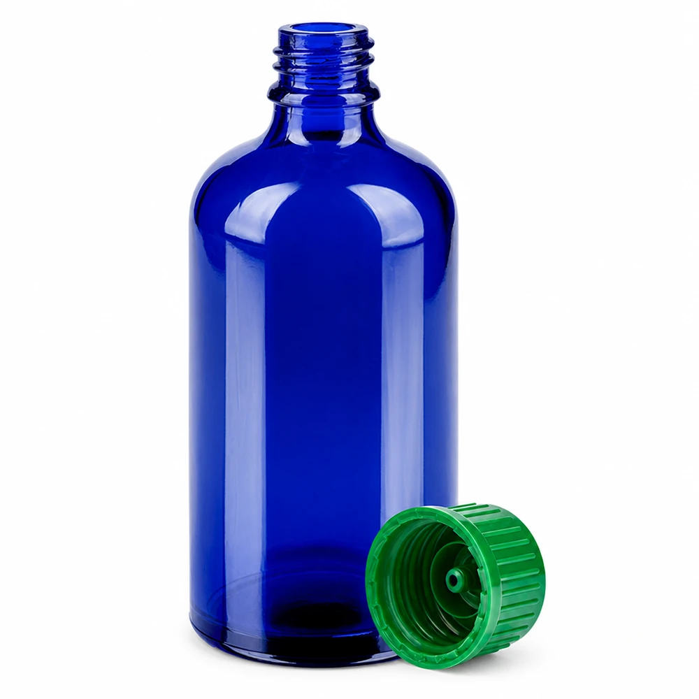 Niebieska szklana butelka 100 ml z serii BlueLine z gwintem 11 mm i zieloną zakrętką UT18/100