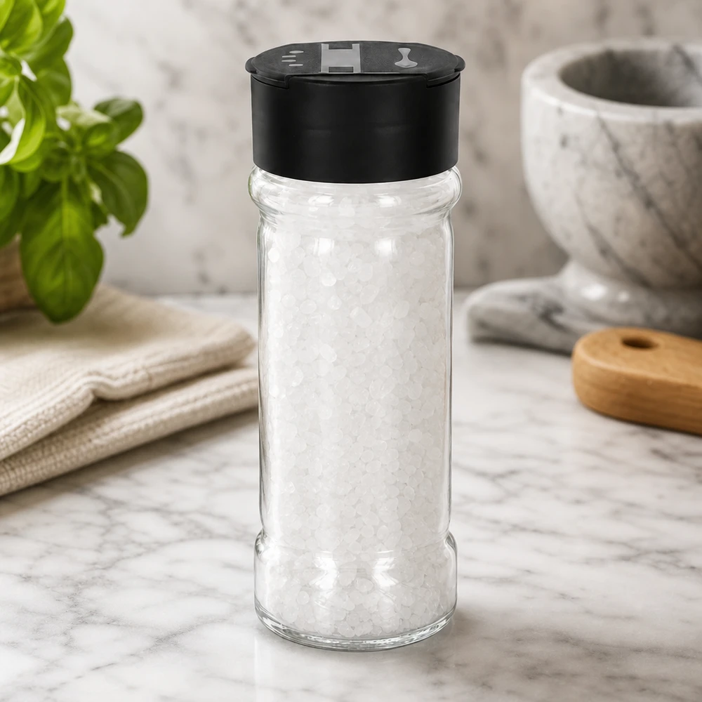 Szklanka do soli o pojemności 100 ml, wypełniona gruboziarnistą solą morską, z czarną pokrywką z podwójnym dozownikiem, na marmurowej podstawce