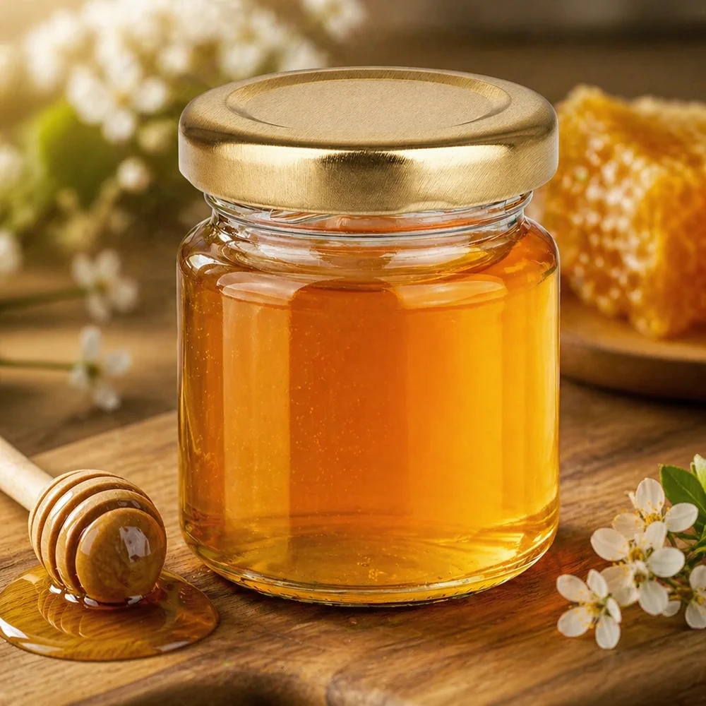 Szklanka okrągła 53 ml z pokrywką BasicSeal złota UNiTWIST 53ml Rundglas mit goldenem UNiTWIST Deckel als Honigglas - ideal für Honig und süße Aufstriche in der Küche