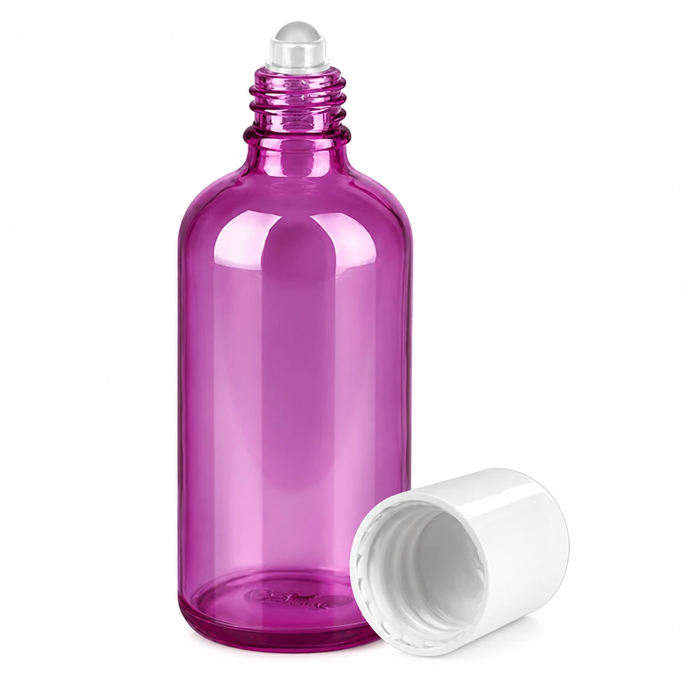 Butelka typu roll-on 100 ml, biała, standardowa PurpleLine UT18/100 Fioletowa szklana butelka o pojemności 100 ml z aplikatorem roll-on do precyzyjnego nakładania olejków i serum